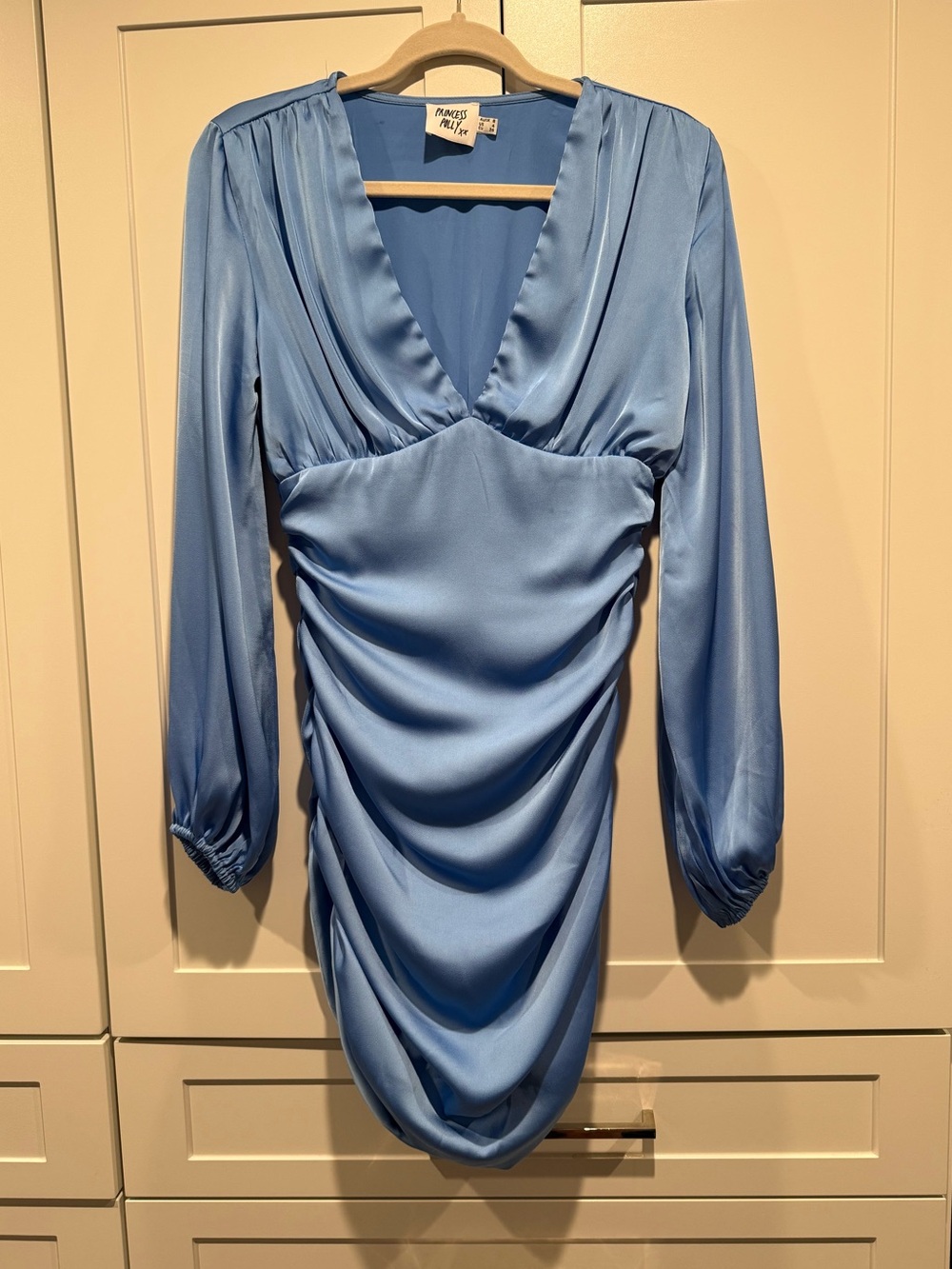 Princess Polly Sky Blue Satin Ruched V-Neck Dress. Loose top and tight bottom